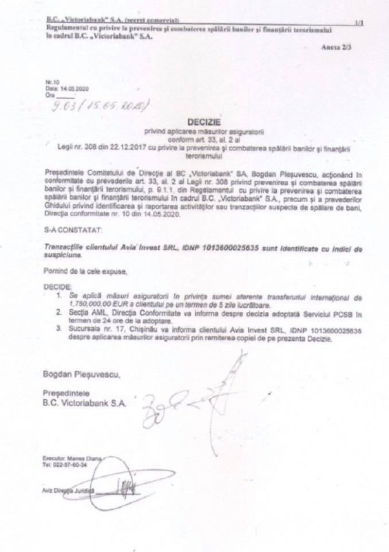 După conferință, acum câteva minute, AVIA Invest a anunțat pe facebook că "Dodon și Chicu ar minți că firma este în stare de insolvabilitate". Sursa a anexat o dispoziție de plată și un document de la VictoriaBank, care arată că suma de 1,7 mln de Euro ar fi fost transferată, dar banii au fost blocați, pe motiv că reprezintă "o tranzacție suspicioasă"