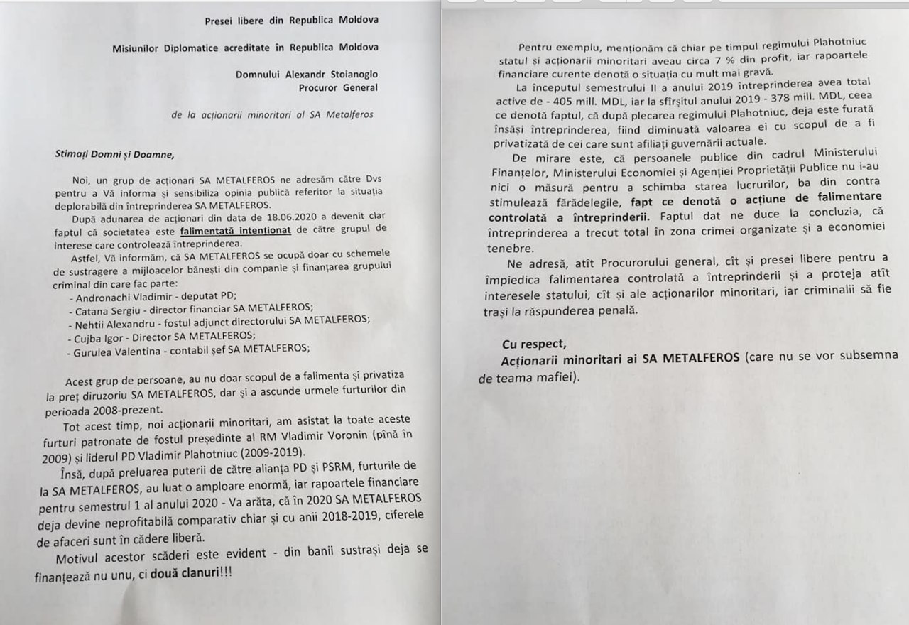 Autorii scrisorii susțin că în cadrul întreprinderii sunt scheme prin care sunt sustrase mijloace financiare din companie, iar responsabil de aceste ilegalități sunt deputatul PDM Vladimir Andronachi, directorul financiar al companiei Sergiu Catana, fostul adjunct al sirectorului întreprinderii Alexandru Nehtii, directorul SA „Metalferos” Igor Cujba și contabila șefă Valentina Gurulea