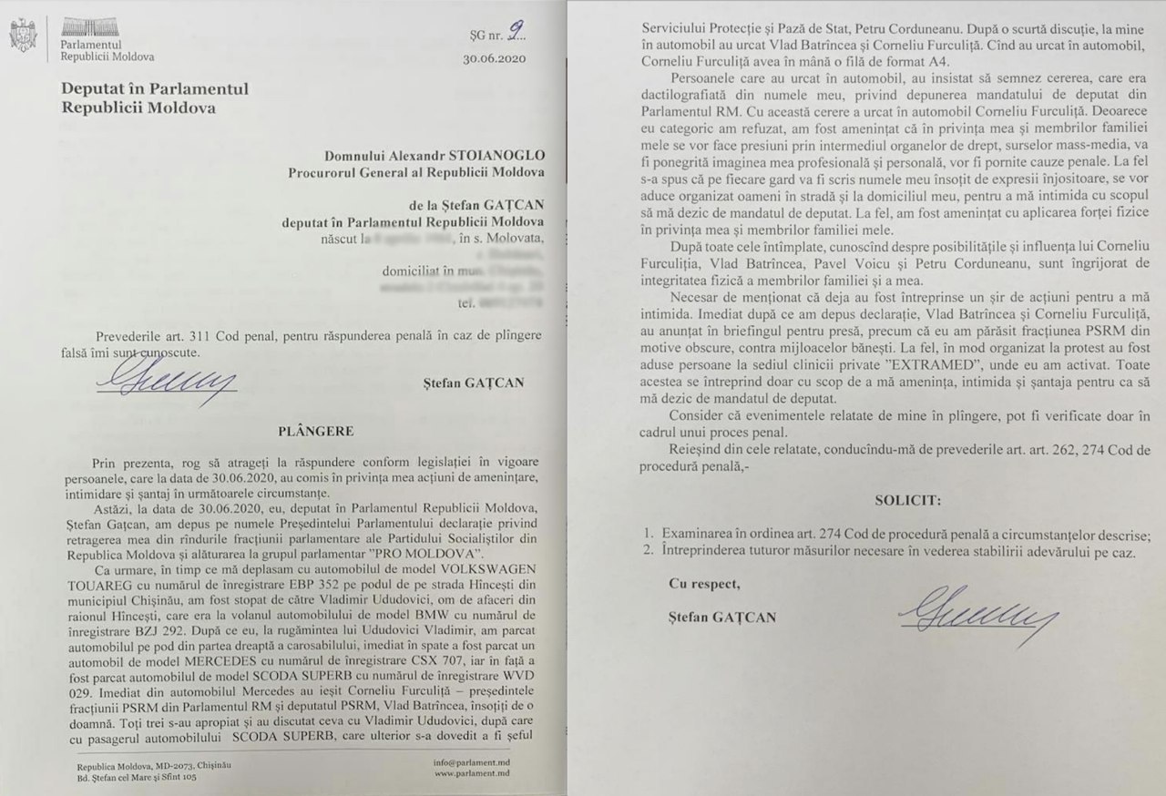 În dimineața zilei de astăzi, înainte de a fi sechestrat, Pro Moldova anunță că Ștefan Gațcan ar fi depus o plângere la Procuratura Generală, unde acuza presiuni la care este supus din partea socialiștilor