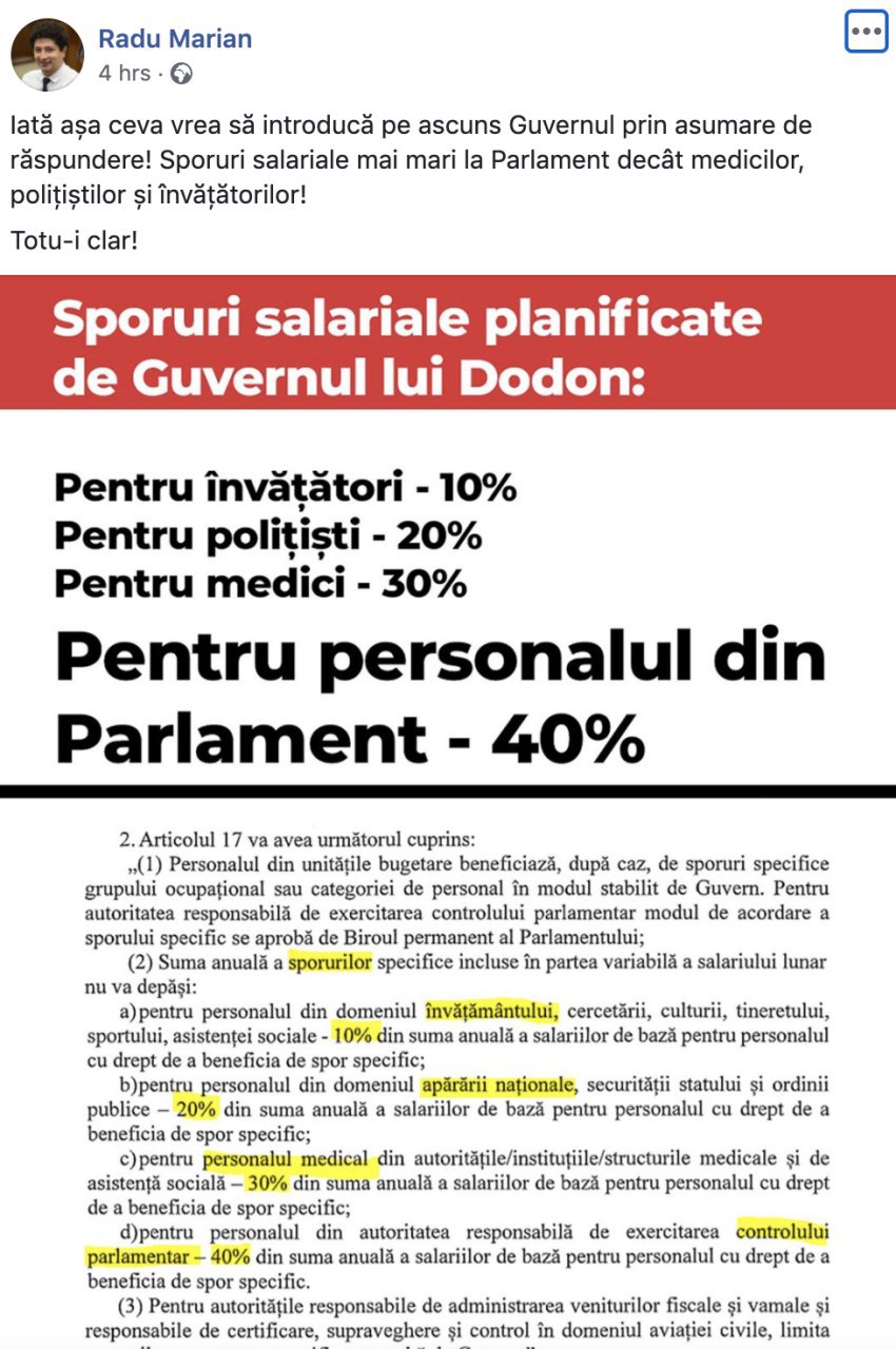 Apropo de proiectul privind răspunderea Guvernului cu referire la creșterea salariilor pentru medici. Deputații PAS spun că, majorările care se conțineau în document - tot la aleșii poporului se refereau. Iată ce a publicat Radu Marian