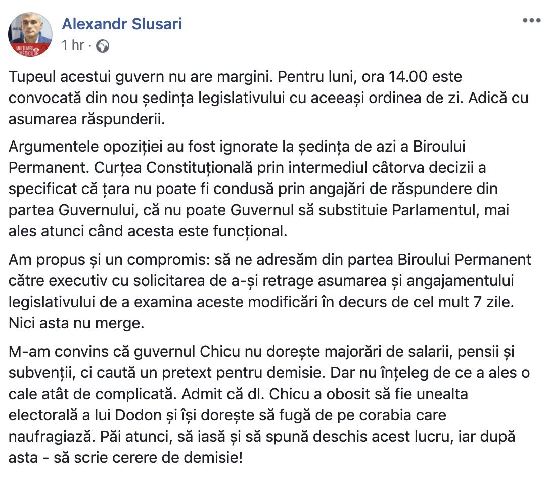 Deputatul DA Alexandru Slusari scrie că guvernarea forțează o nouă ședință a Parlamentului pentru luni, cu aceeași ordine de zi: Asumarea răspunderii Guvernului