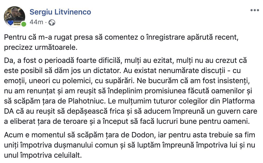 Deputatul PAS, Sergiu Litvinenco, confirmă, în linii mari, acea discuție din iunie 2019, spunând că formațiunea a primis să scape țara de Plahotniuc și asta a și făcut