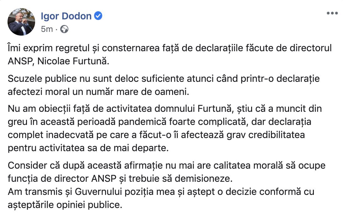 Nicolae Furtună va fi plecat din funcție. O anunță președintele Igor Dodon pe facebook. Se pare că, nici scuzele nu l-au ajutat pe șeful Agenției Naționale de Sănătate Publică