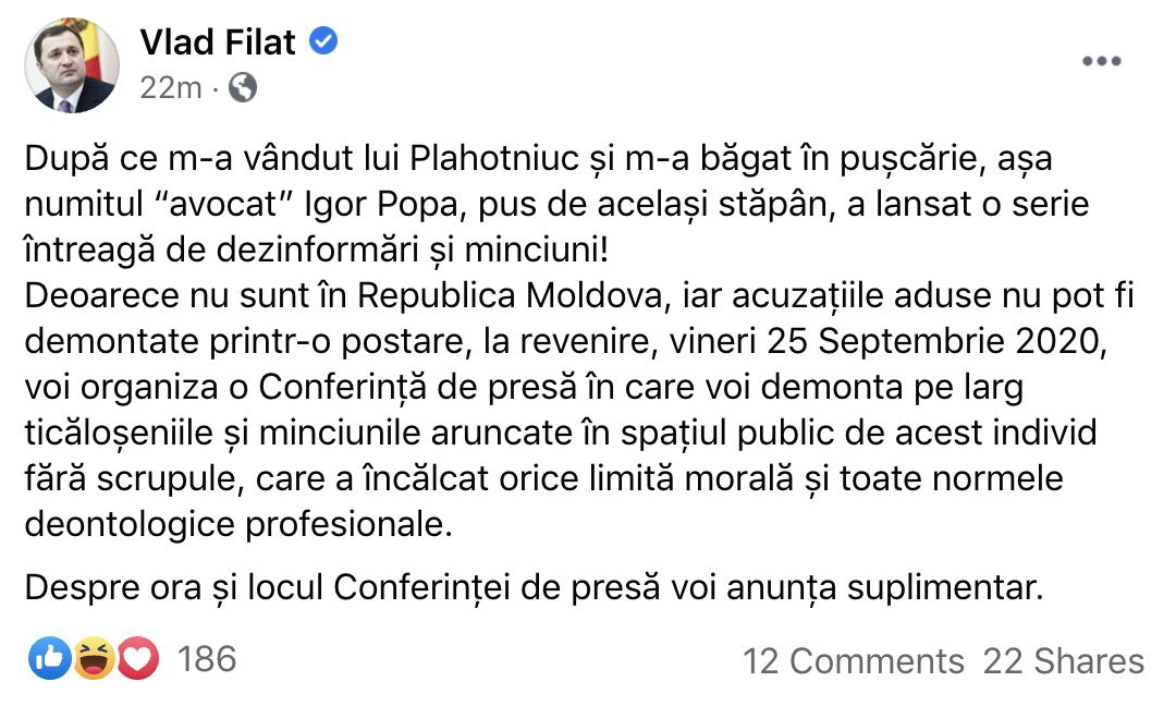 Filat promite o conferință de presă în care spune că va demonta toate acuzațiile care i-au fost aduse de Popa. Potrivit liderului PLDM, avocatul ar fi făcut acuzațiile la îndemnul lui Plahotniuc