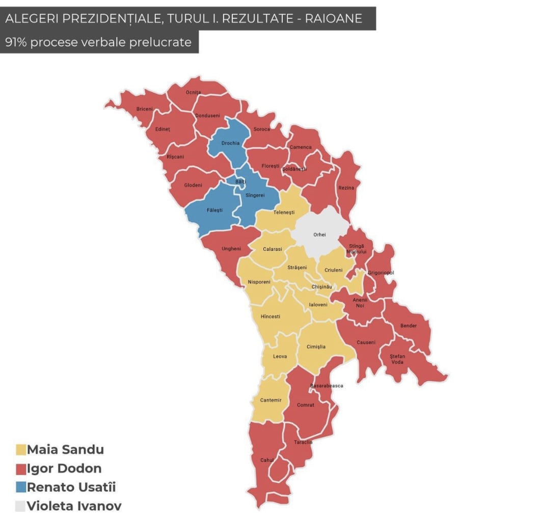 Hartă Agora la 91% procese verbale numărate: Dodon câștigă Sudul, Sandu - toate raioanele din Centru, iar Nordul este împărțit între Usatîi și Dodon