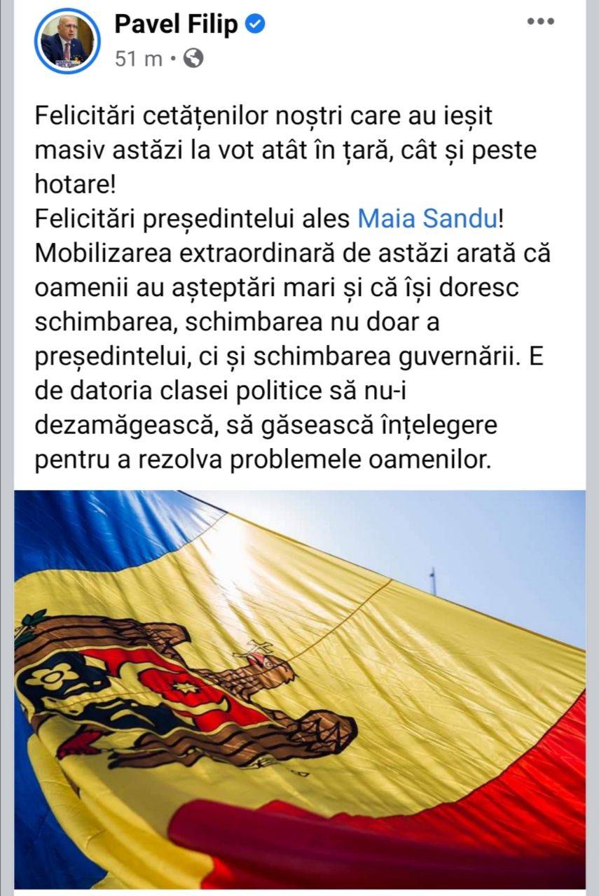 Pavel Filip și Democrații sunt gata sa se regăsească într-o nouă guvernare. Chiar o felicita pe Maia Sandu pentru rezultatul reușit