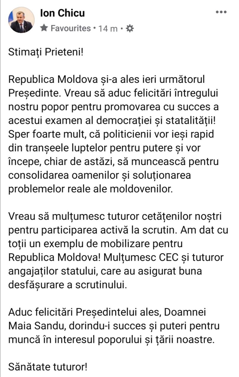 Premierul Ion Chicu felicită noul președinte ales