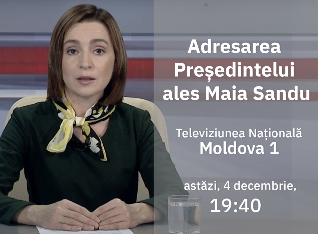 Maia Sandu, președintele ales, va avea o adresare către cetățeni la postul public de televiziune, Moldova 1, la ora 19.40