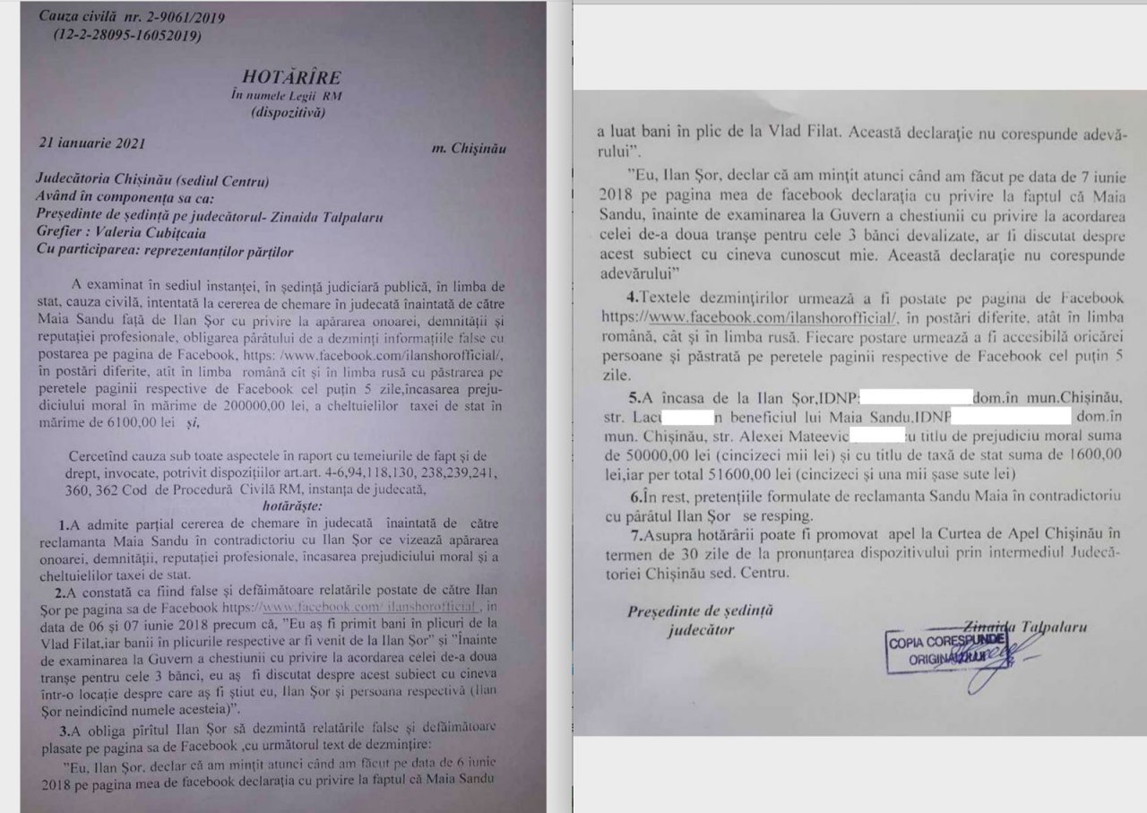 Sandu vs Șor. Maia Sandu a publicat azi decizia primei instanțe, care îi dă câștig de cauză în procesul intentat împotriva lui Ilan Șor, care a declarat în spațiul public anterior că Sandu ar fi primit bani în plic. Dacă decizia va fi menținută, Șor va trebui să-i plătească despăgubiri de 50 000 mii de lei, pe care președintele spune că îi va dona unor familii nevoiașe