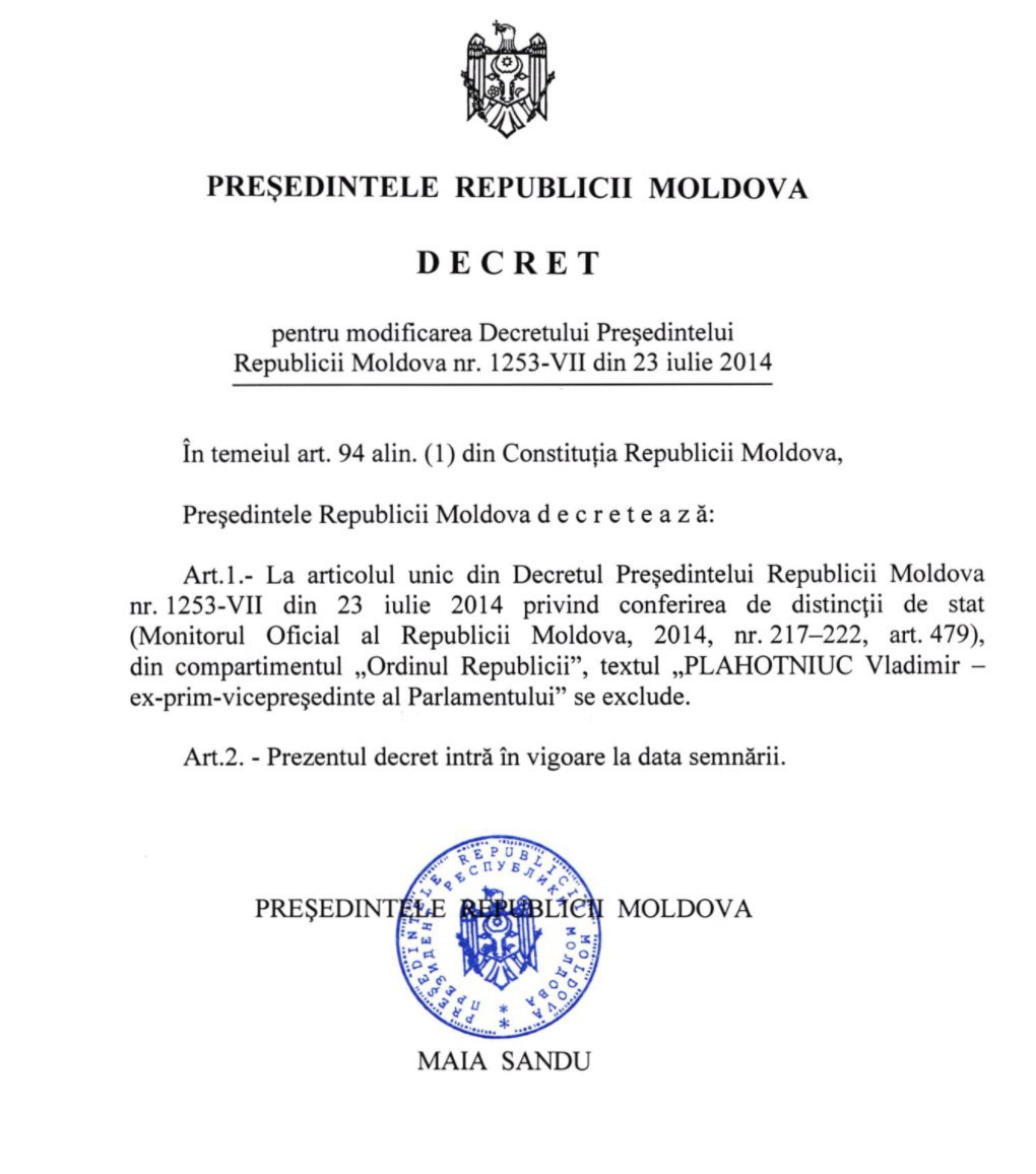 Ultimă oră! Maia Sandu i-a retras Ordinul Republicii lui Vladimir Plahotniuc: __O persoană care a furat țara, a atacat și slăbit instituțiile statului și a construit un regim autoritar nu se poate bucura de distincții de stat