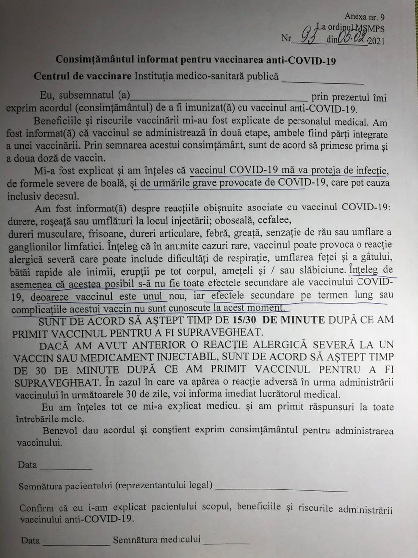 Persoanele care se vor vaccina împotriva COVID-19 ar urma să semneze un consimțământ. Documentul arată în felul următor