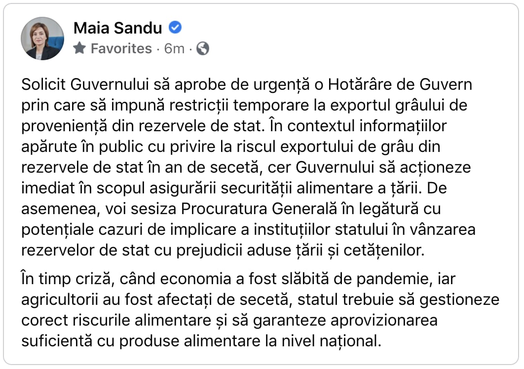 Președintele Maia Sandu cere interdicție la exportul de grâu, cu proveniență din rezerva de stat. Aceasta solicită Guvernului să aprobe o hotărâre în acest sens