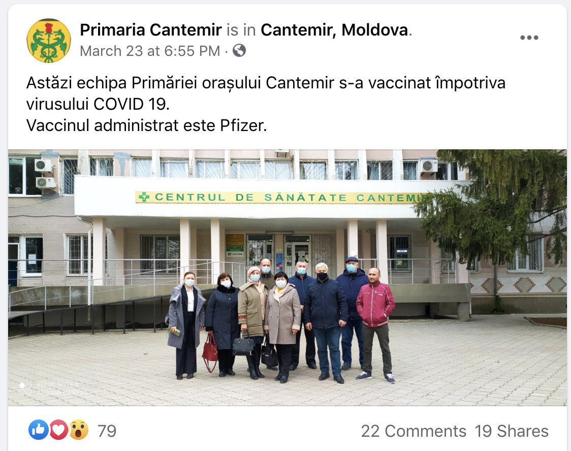 Între timp, echipa Primăriei orașului Cantemir s-a lăudat pe facebook că s-a vaccinat împtriva COVID19 cu vaccin Pfizer. La fel ca și cei de la Edineț, înaintea medicilor?