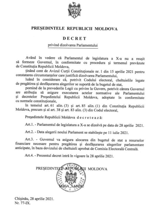 AZI! Maia Sandu a anunțat că a dizolvat Parlamentul chiar de azi. Anexat decretul