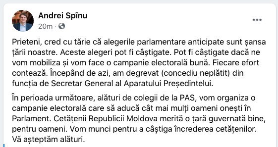 Secretar General al Aparatului Președintelui, Andrei Spînu, a degrevat din funcție pentru a participa în electorală alături de PAS. Acesta e sigur că alegerile pot fi câștigate și îndeamnă la efort din partea fiecăruia