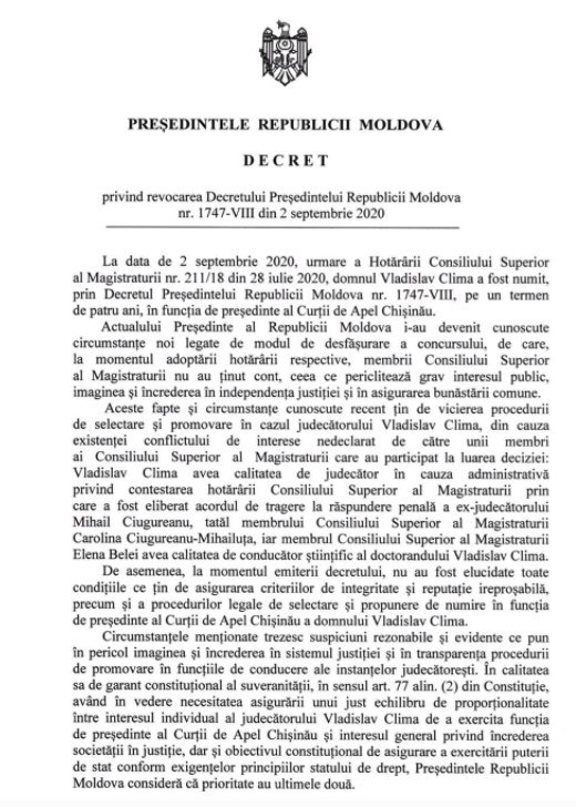 Textul întreg al revocării lui Vladislav Clima semnat de Maia Sandu. Președintele trimite înapoi la CSM documentul, pentru ca instituția să-și reanalizeze decizia