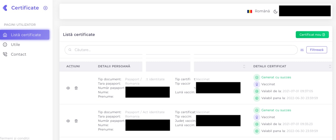 După ce introduci datele și le salvezi, certificatul se generează în 1-2 minute și e posibil de salvat versiunea PDF
