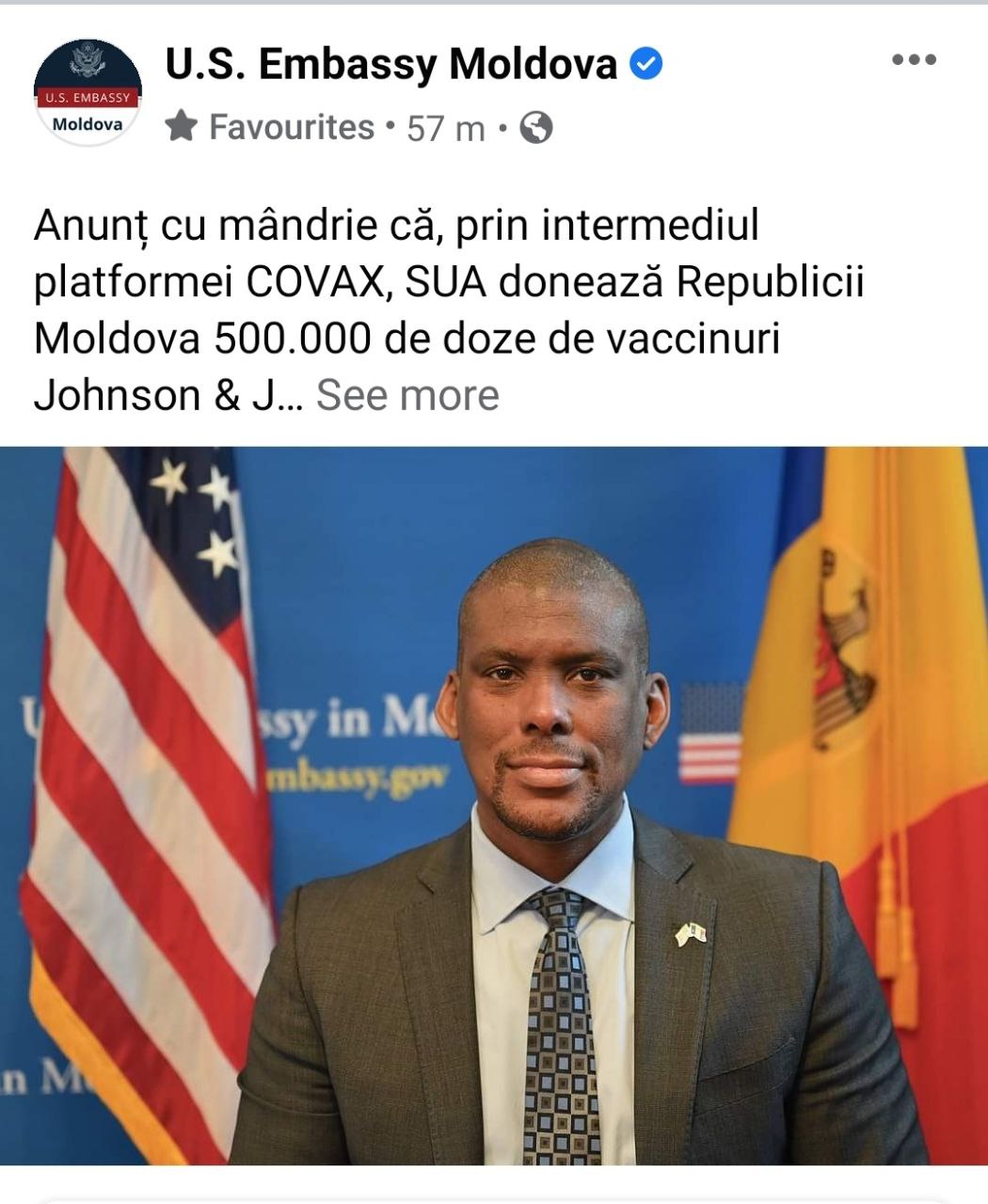 SUA anunță că va dona R. Moldova jumătate de mln de doze de vaccin Covid19, produs de Johnson & Johnson. Primele 150 de mii vor ajunge la Chișinău în următoarele 10 zile