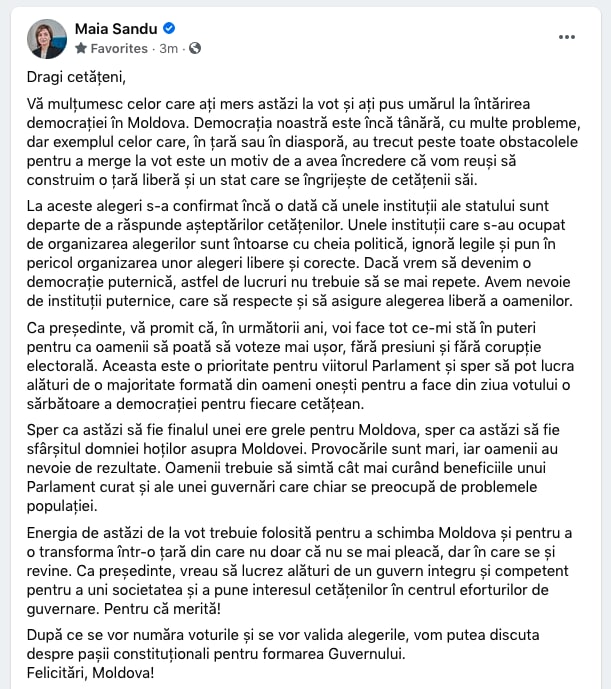 Maia Sandu felicită cetățenii cu rezultatul votului