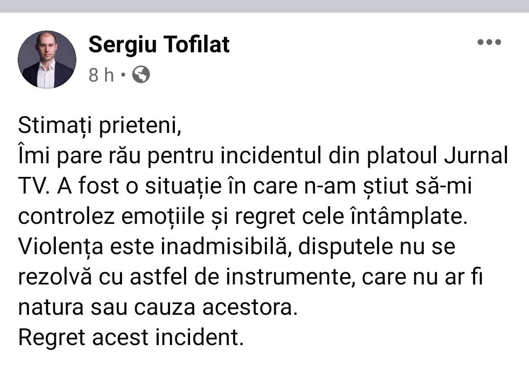 Tofilat și-a cerut scuze pentru situația de aseară, declarând ca regretă incidentul