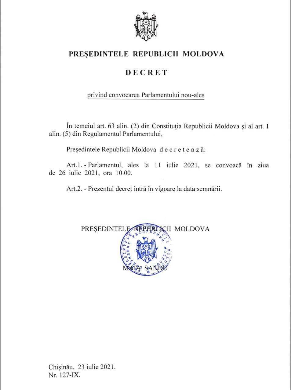Maia Sandu a semnat decretul. Luni dimineață are loc ședința de constituire a  noului Legislativ