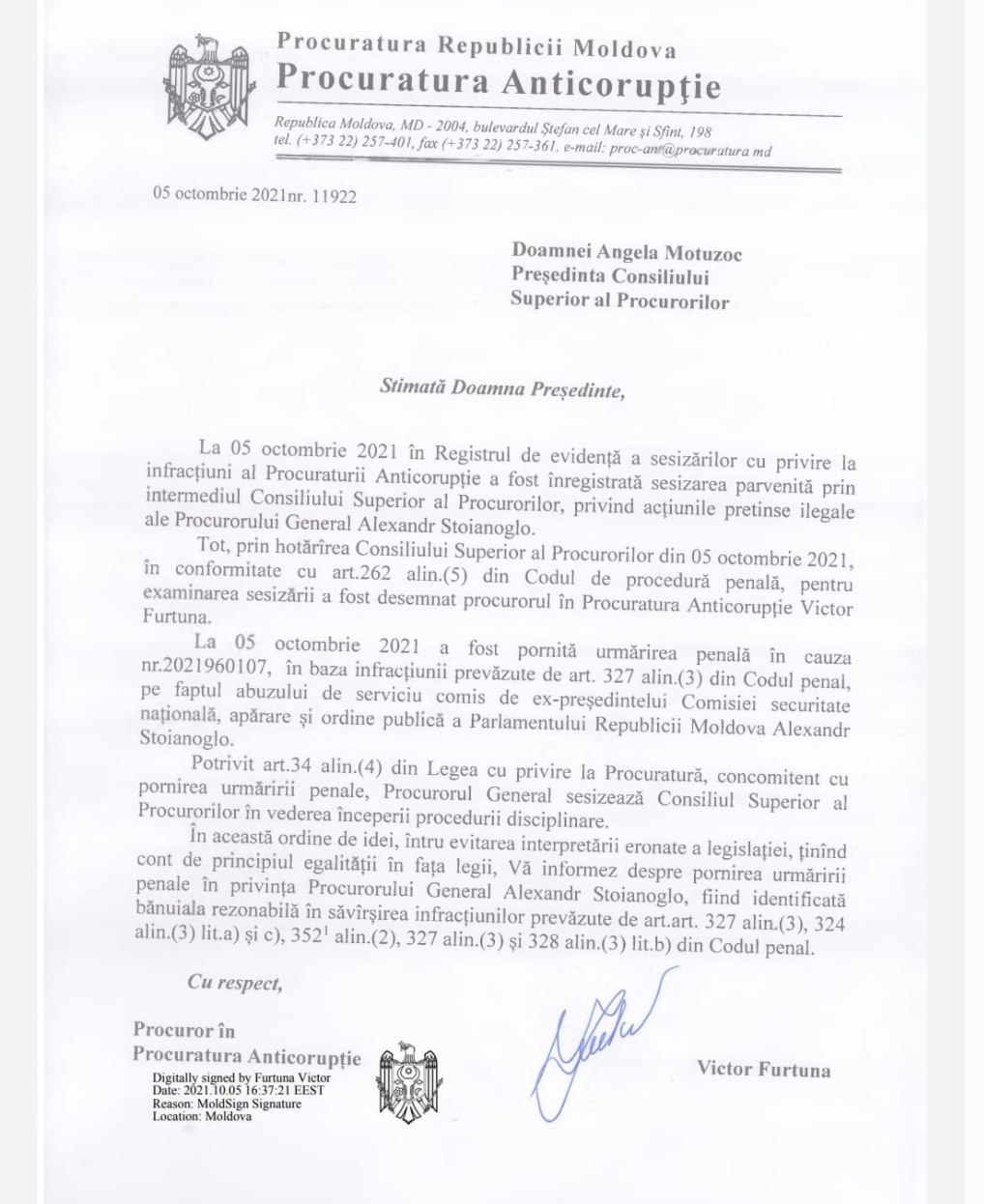 Text: __Furtună a decis pornirea urmăririi penale împotriva Procurorului General, Alexandr Stoianoglo. Cnform art. 55/1 din Legea nr.3/2016 cu privire la Procuratură, ”mandatul Procurorului General în privinţa căruia a fost pornită urmărirea penală în condiţiile art.270 alin.(7) din Codul de procedură penală se suspendă de drept pe perioada urmăririi penale”