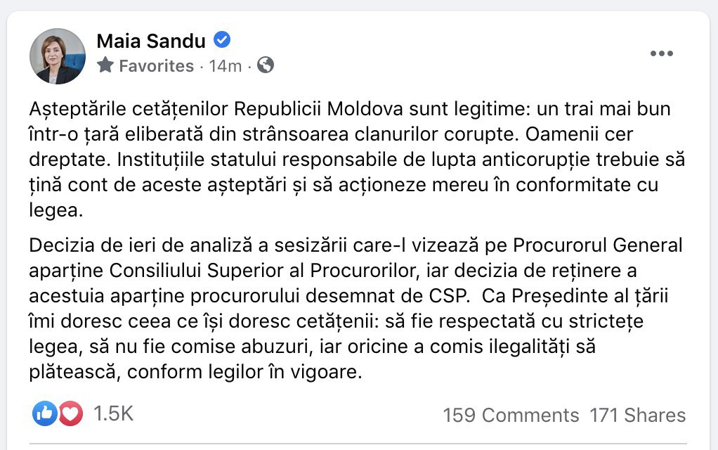 Maia Sandu, prima reacție după reținerea lui Alexandru Stoianoglo: Printre rânduri, aceasta sugerează că  legea trebuie respectată cu strictețe în cadrul anchetei