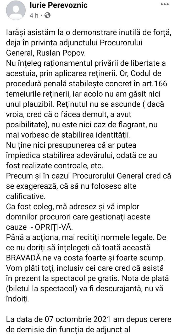 Se eliberează fotoliile din conducerea Procuraturii Generale. Iurie Perevoznik, al doilea adjunct al lui Alexandru Stoianoglo și-a anunțat demisia, spunând că nu este de acord cu ce se întâmplă și ce va urma