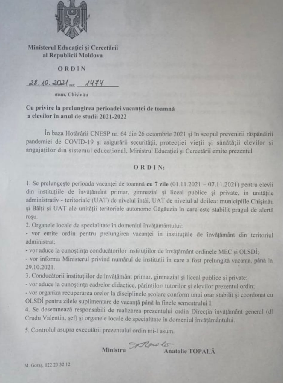 E oficial! Ministerul Educației prelungește vacanța de toamnă a elevilor până pe 8 noiembrie, din cauza pandemiei de COVID19