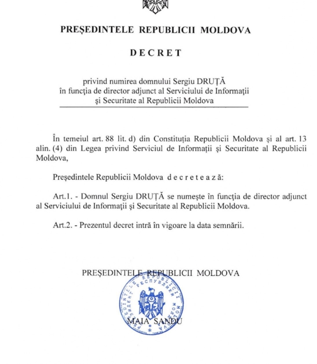 Maia Sandu l-a numit pe Sergiu Druță director adjunct al SIS