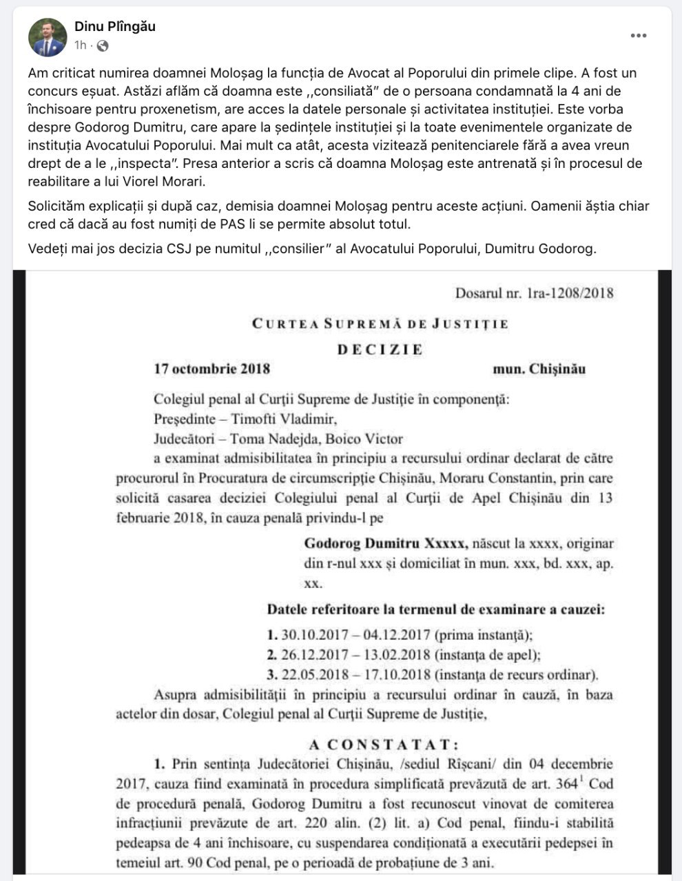 Președintele interimar al Platformei DA, Dinu Plîngău, critică situația creată în jurul oficiului Avocatului Poporului. Acesta cere explicații și eventuala demisie a Nataliei Moloșag, votată de PAS în această funcție