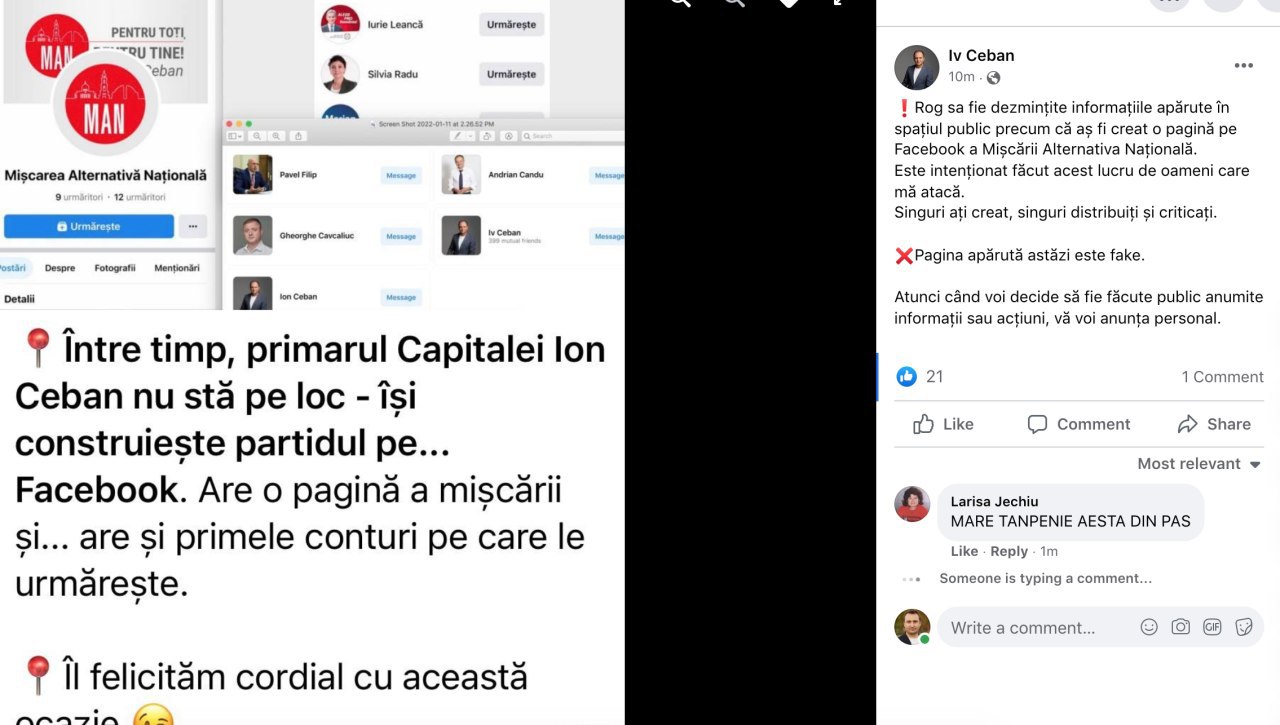 Ion Ceban infirmă faptul că pagina de pe facebook cu numele MAN i-ar aparține. Acesta a făcut un screen de pe canalul nostru și spune că acțiunea este intenționat făcută 😀