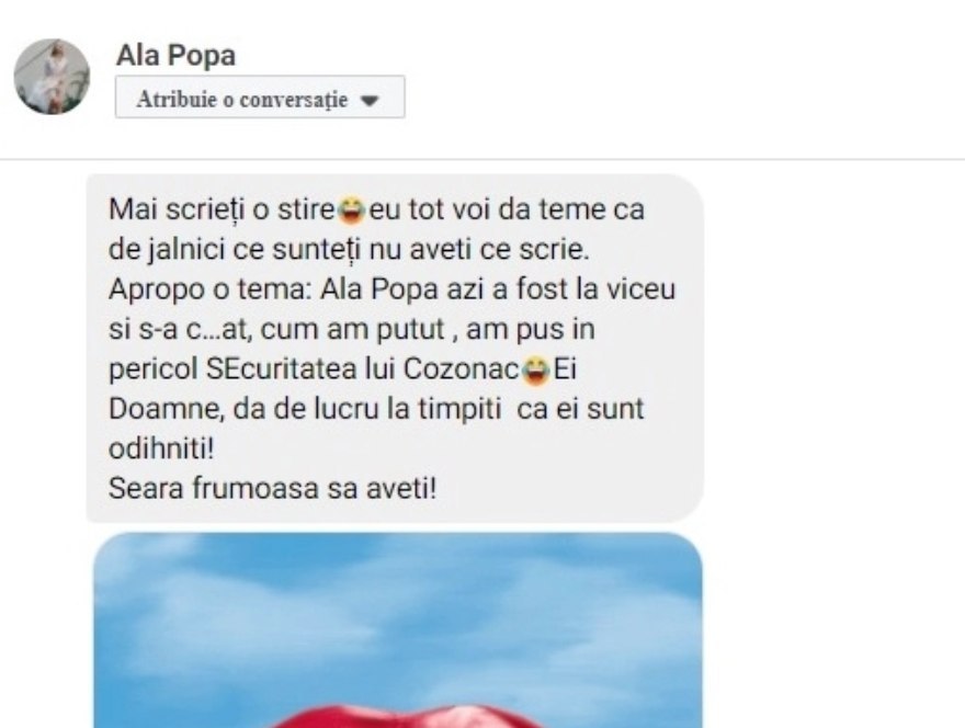 „Nu urlați ca niște debilani! O să vă ardă fundul!”, scrie avocata într-un mesaj doldora de greșeli. "Apropo o temă: Ala Popa azi a fost la viceu și s-a c…at, cum am putut, am pus în pericol securitatea lui Cozonac. Ei, Doamne, dă de lucru la tîmpiți că ei sunt odihniți!", mai scrie ea