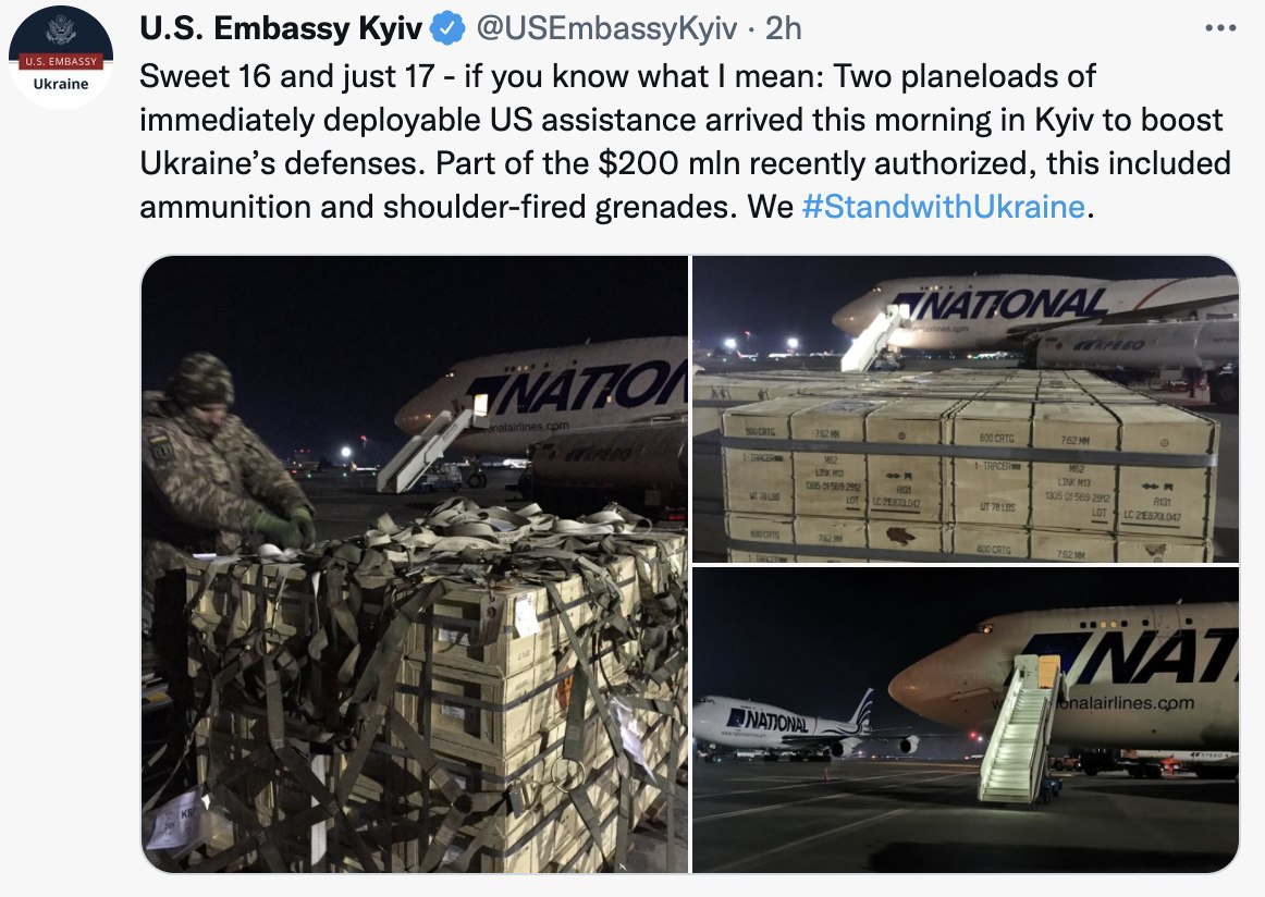 SUA anunță că a mai trimis azi 2 avioane cu încărcătură militară, parte a ajutorului de $200 mln ajutor promis pentru securitatea Ucrainei. Încărcătura conține muniții și grenade
