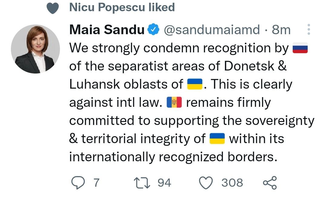 Maia Sandu condamnă decizia Federației Ruse de a recunoaște independenta regiunilor din DONBAS