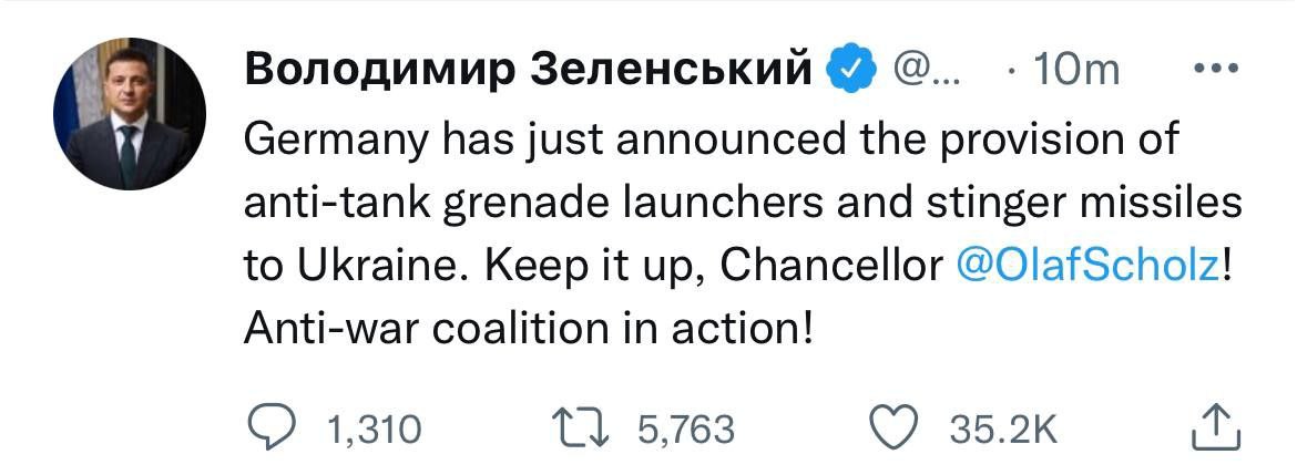 Germania ar fi anunțat că trimite în Ucraina lansatoare de grenade anti-tanc și rachete Stinger. Declarația îi aparține lui Zelenski pe Twitter: __Coaliția anti-razboi funcționează.__