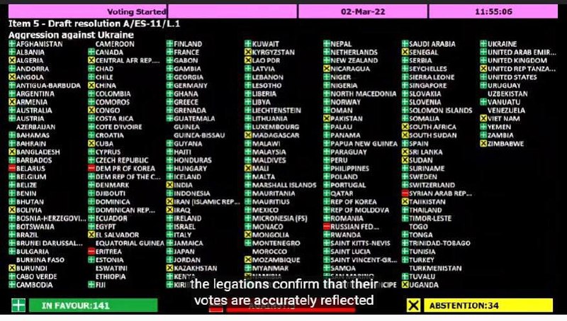 Pentru au votat 141 de țări, cotra - Rusia, Belarus, Siria, Coreea de Nord, Eritreea. S-au abținut 35 de țări (China, India, Kazahstan, Pakistan, Iran, Irak, Cuba, etc.)