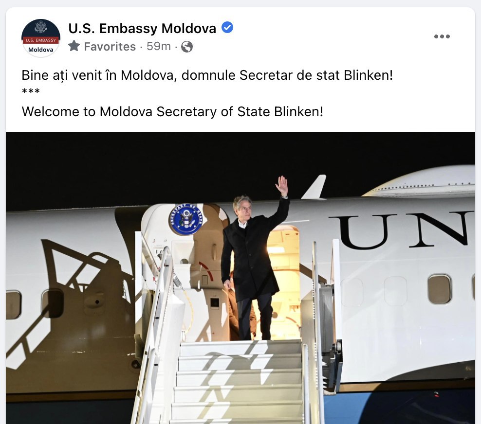 Secretarul de stat american Antony Blinken a ajuns la Chișinău, anunță Ambasada americană. Acesta va susține o conferință comună cu Maia Sandu în jurul orelor 11 dimineața