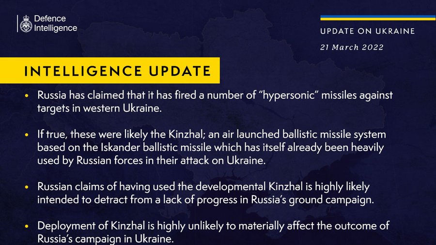 Ministerul Apărării al Marii Britanii: Rusia a început să folosească în Ucraina rachetele hipersonice KINJAL, din cauza că nu poate înregistra progrese mari în înaintarea terestră. Este foarte probabil ca asta să nu schimbe cursul lucrurilor