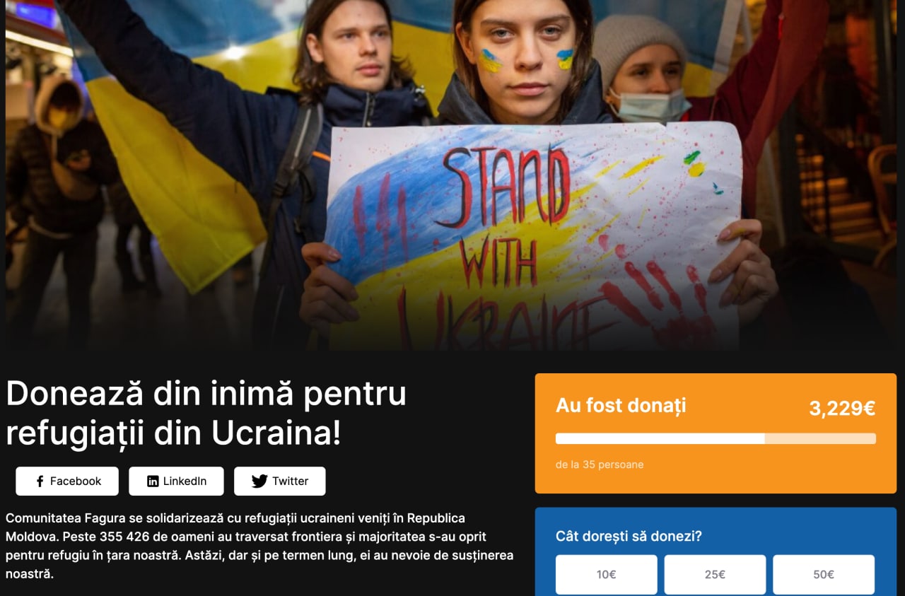 Banii au fost adunați în cadrul campaniei lansată de start-upul moldovenesc Fagura. Donații pot fi făcute în continuare aici