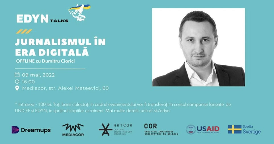 Pe 9 Mai am fost invitat să vorbesc despre media și noile realități. Cine e interesat de subiect și vrea să vadă noul centru MediaCor din Chișinău, detalii aici. Toți banii adunați în cadrul evenimentului din vânzarea de bilete vor fi donați pentru copiii refugiaților ucraineni