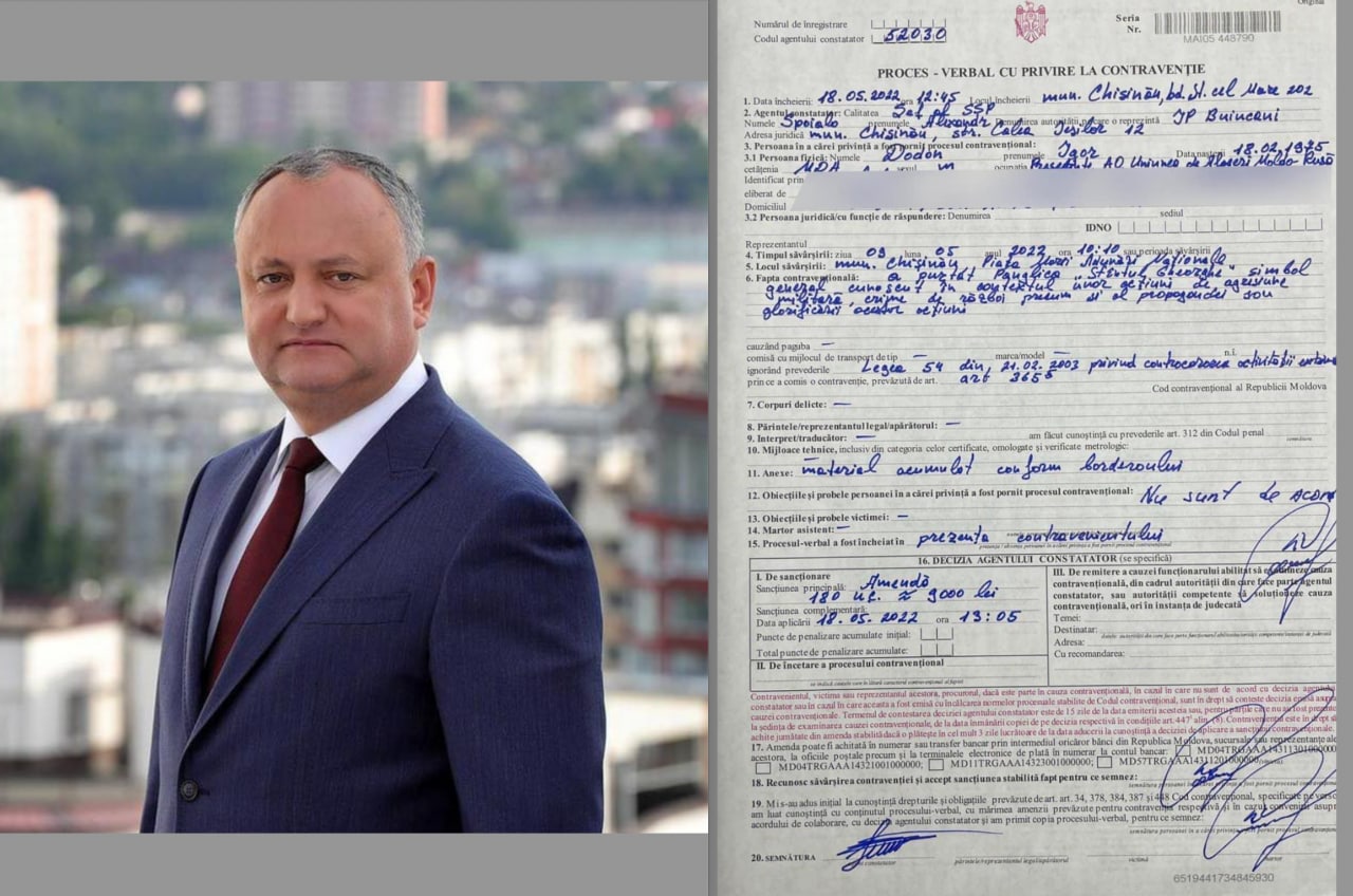Socialistul Igor Dodon anunță că i s-a întocmit proces-verbal și trebuie să achite 9000 de lei pentru că a sfidat legea pe 9 Mai, purtând panglica Sf. Gheorghe, un simbol al agresiunii militare rusești. Sursa declară că legea este anticonstituțională și va ataca decizia în judecată