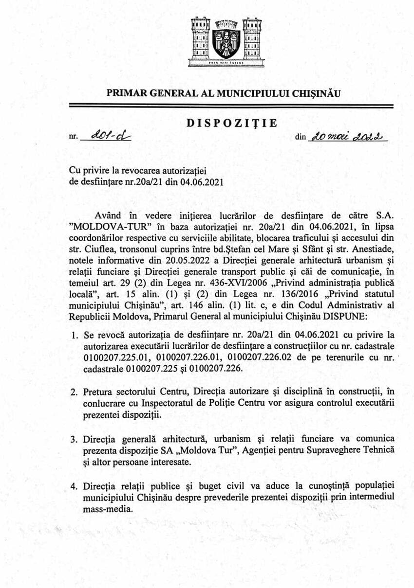 Primarul general, Ion Ceban, a semnat Dispoziția de revocare a autorizației de desființare a Hotelului Național