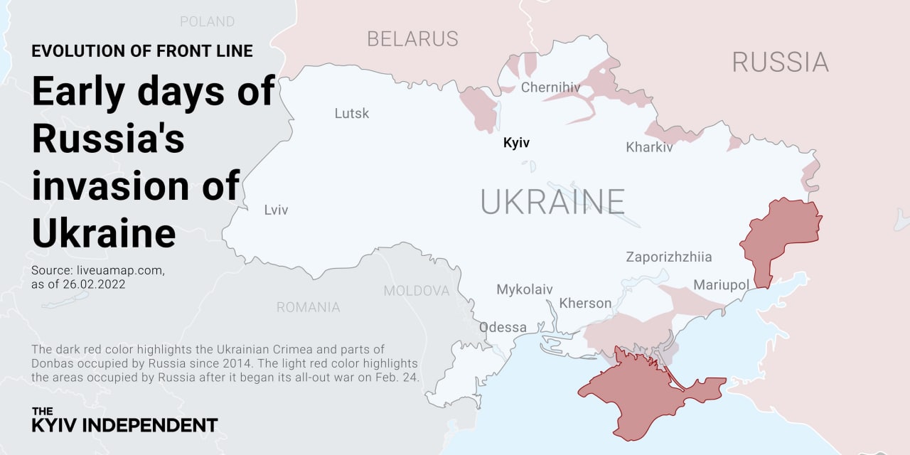 Trei luni de când Rusia și-a început războiul total împotriva Ucrainei. Publicația ucraineană The Kyiv Independent a realizat un set de hărți care arată cum cum s-a schimbat prima linie de contact dintre ucraineni și ruși din 24 februarie și până în prezent