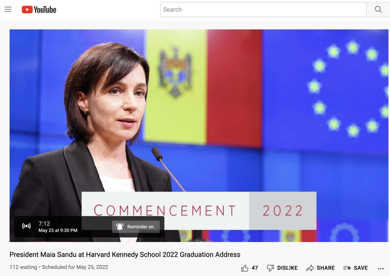 LIVE, ora 21.30: Discursul Maiei Sandu la Harvard Kennedy School va putea fi urmărit pe Youtube în această seară