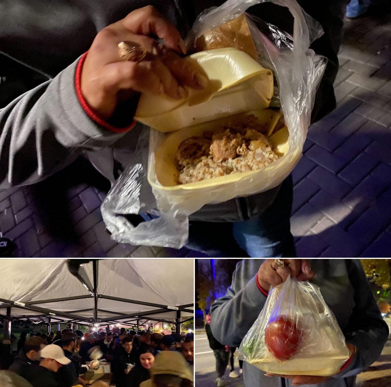 Aseară la ora 23.00, persoanele care au acceptat să înnopteze în fața Parlamentului au fost hrănite. În meniu: vestita hrișcă, o bucată de carne, pâine, roșii și castraveți