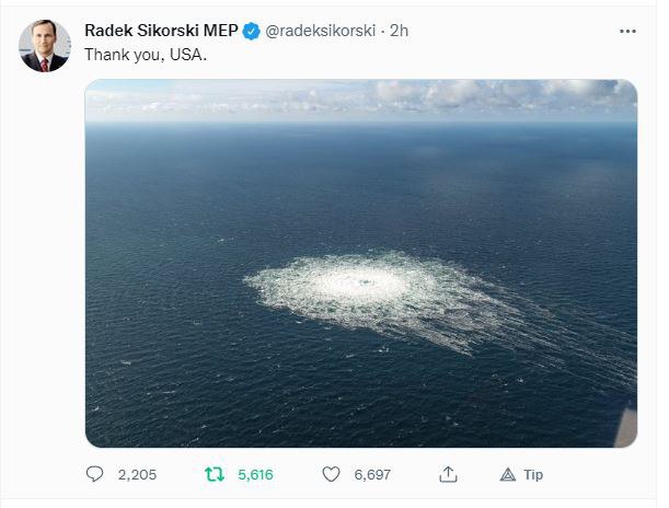 Mesaj curios al lui Radoslaw Sikorsi, fost ministrul de externe al Poloniei, după exploziile la gazoductul din Marea Baltică, care leagă Rusia de Germania: __Mulțumim, SUA!__
