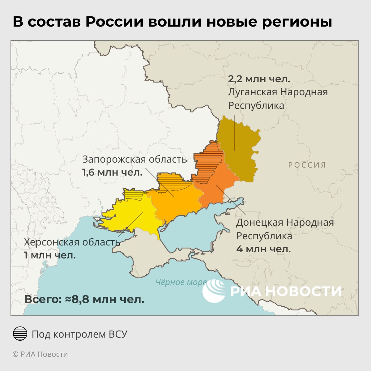 Presa rusă de stat publica harta teritoriilor ucrainești pe care Rusia le-a anexat, în urma semnării azi a decretului de către Vladimir Putin. Este vorba de o zonă în care ar locui cca 8.8 mln de oameni, scrie Ria Novosti