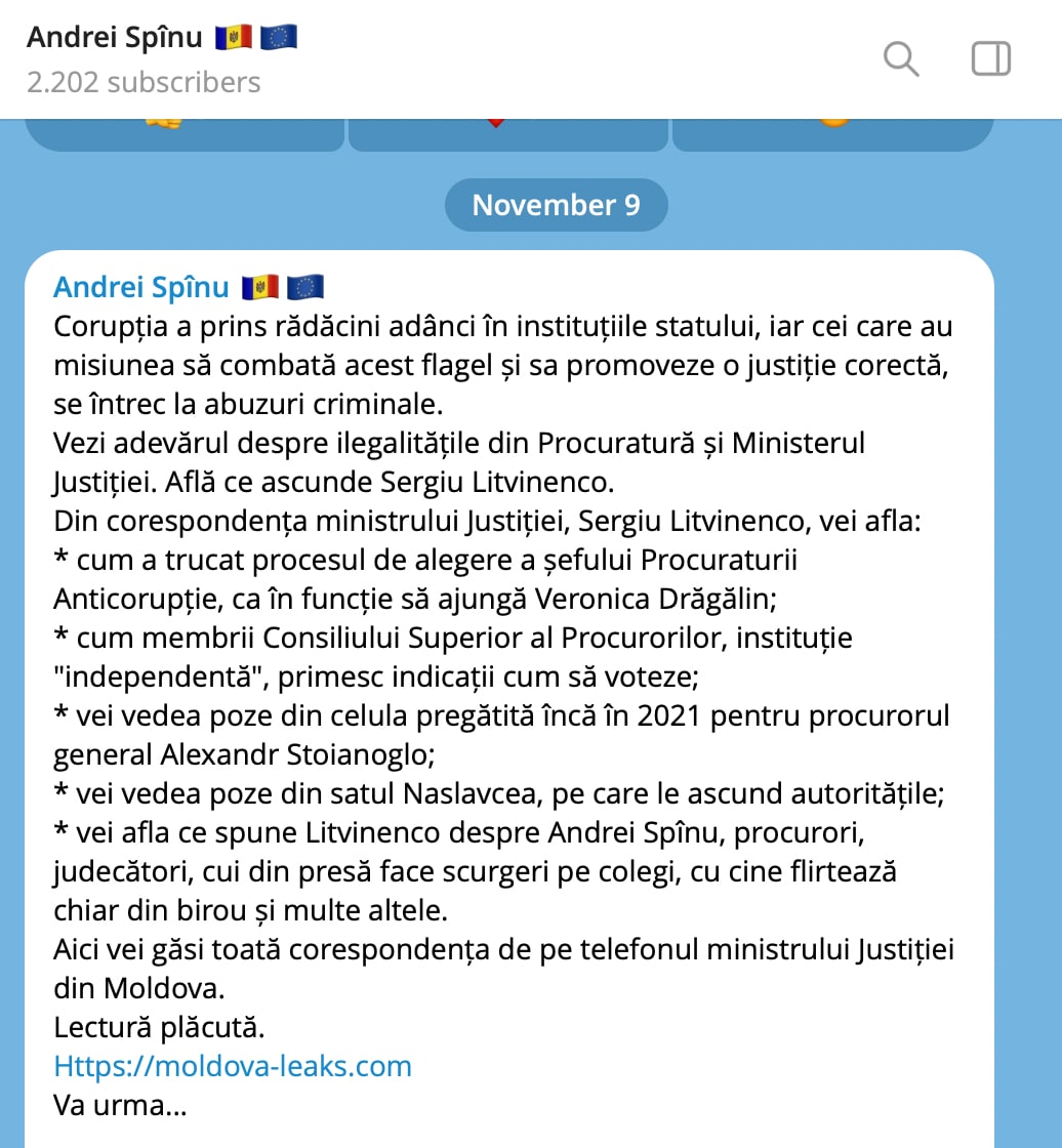 Pe link-ul postat în mesaje, hackerii promit să publice corespondența privată a oficialilor din guvern. Primul set de mesaje ar fi cele din telefonul lui Sergiu Litvinenco