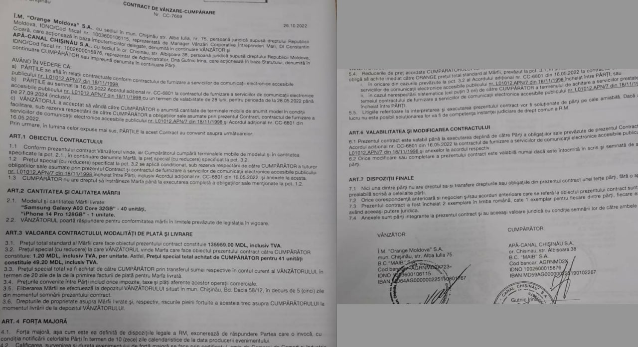 Pe Internet a fost publicat întregul contract dintre Apă Canal și compania telecom. Ar fi fost procurate cca 41 de telefoane, dintre care și un iPhone 14 Pro la un preț total de cca 136 mii lei